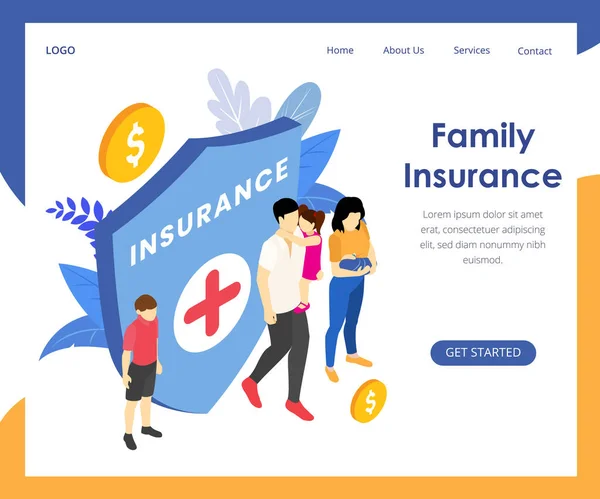 Isometric health insurance landing page — Stock Vector