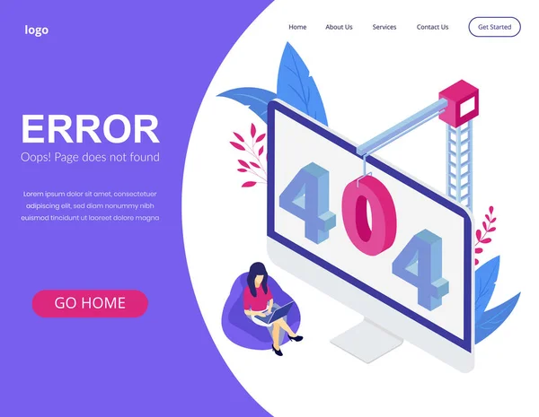 Error 404 concept isometric landing page — Stock Vector