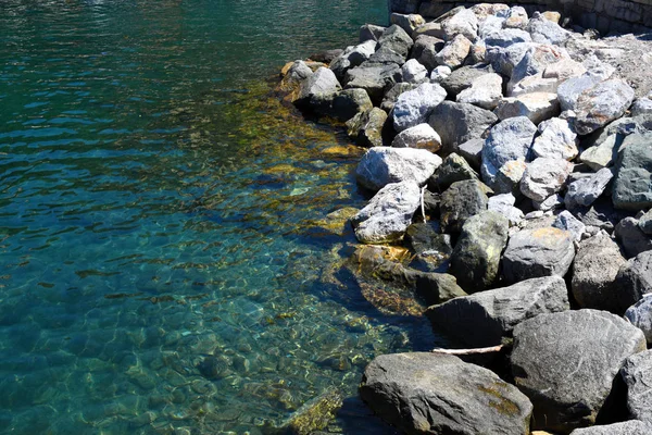 Vista sul mare con spiaggia rocciosa in primo piano — Foto Stock