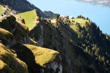 Lucerne Gölü 'nün panoramik manzara manzarası. Yeşil çayırlar ve Rigi Kulm' un tepesinden kayalık yamaçlar, İsviçre 'deki Rigi Dağı.
