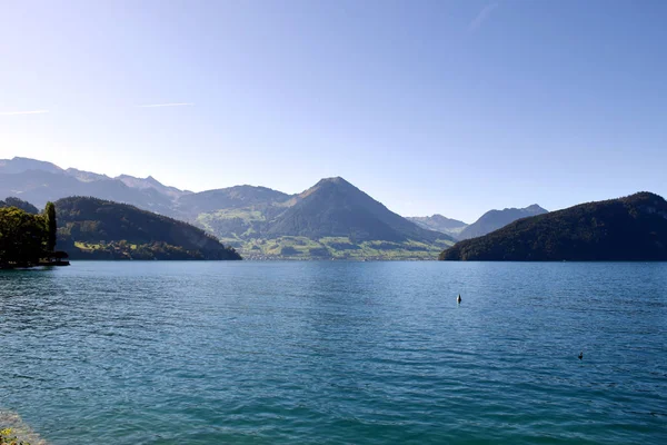 Krajina Pohled Jezero Lucerne Majestátní Mount Pilatus Údolí Pozadí — Stock fotografie