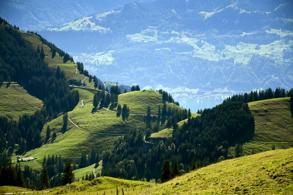 牧草地や山脈のパノラマ風景 Rigi Kulmの上から渓谷 スイスのRigi山 — ストック写真
