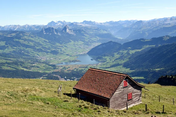 Vista Panorámica Del Paisaje Desde Cima Rigi Kulm Pequeña Casa — Foto de Stock