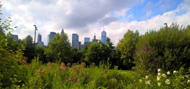 New York 'taki Brooklyn Köprüsü Parkı' ndan Manhattan şehir merkezindeki gökdelenlerin manzarası