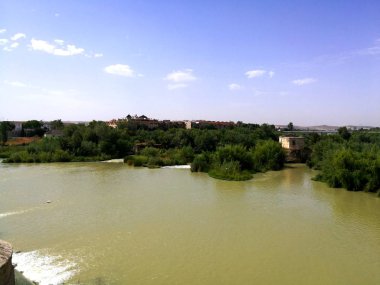 Manzara, Cordoba 'daki Roma Köprüsü' nden Guadalquivir Nehri 'nin karşısındaki tarihi şehir manzarası