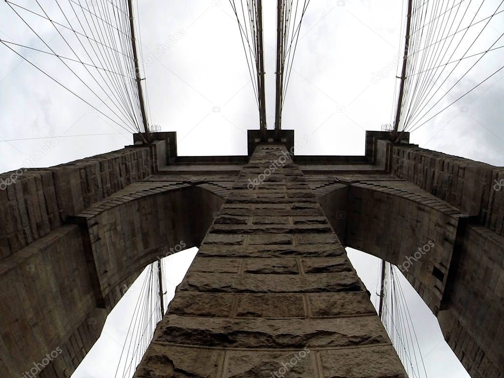 Closeup view of one pillar of Brooklyn Bridge in New York
