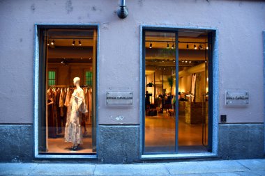 Milan, Italy  07.06.2019: Storefront and entrance of Erika Cavallini Boutique in Via della Spiga.