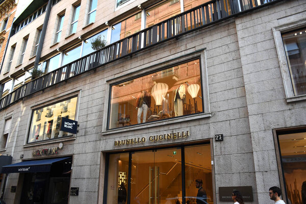 Milan, Italy - 07.06.2019: Brunello Cucinelli storefront, entrance, facade