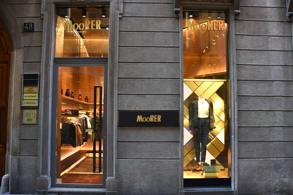Milan, Italy 06.07.2019: Storefront and entrance of MooRER Boutique Flagship Store in Via della Spiga.