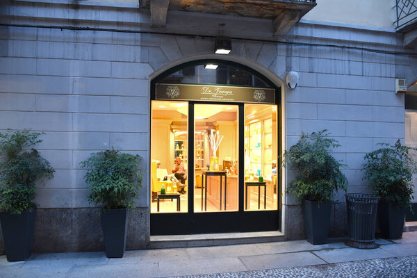 Milan, Italy, 08.04.2019: Storefront, entrance of Dr. Vranjes Firenze store in the romantic, artist neighborhood Brera Art District. Elegant perfumed furnishing accessories hand-crafted from Florence