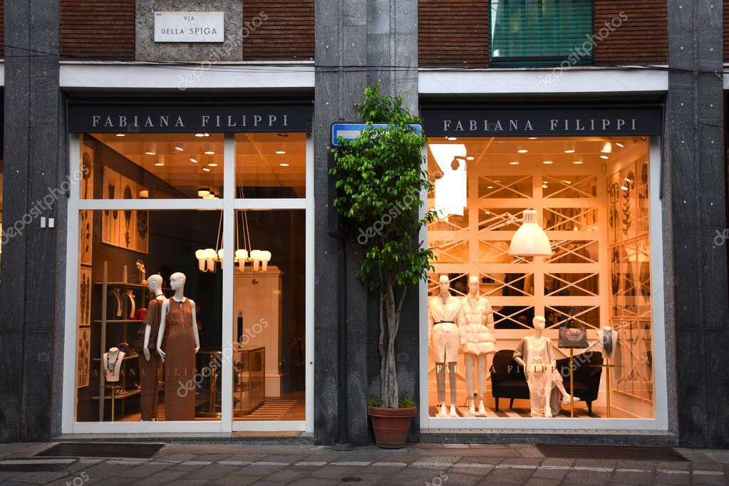 Milan, Italy  06.07.2019: Storefront and entrance of Fabiana Filippi Store in Via della Spiga.