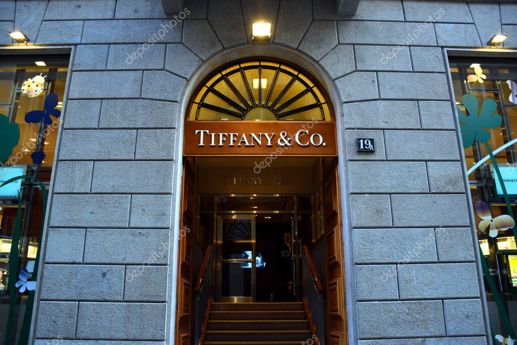 Milan,Italy07.06.2019: Storefront and entrance of the American luxury jewelry Tiffany & Co.