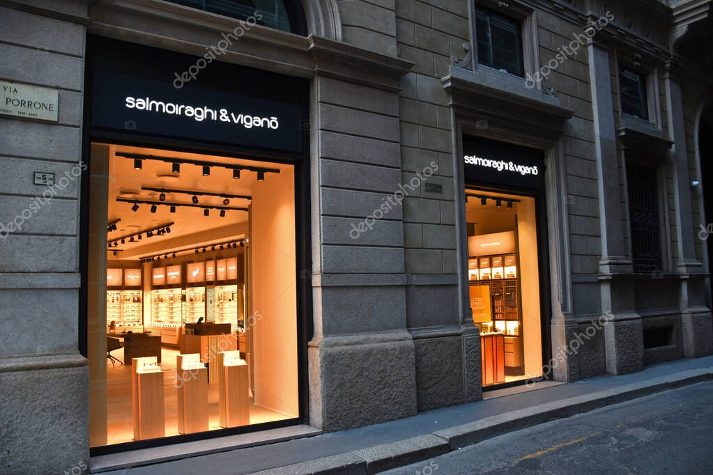 Milan, Italy, 08.04.2019: Display of Salmoiraghi and Vigan Italian company that operates in the field of eyewear and optical retail sales
