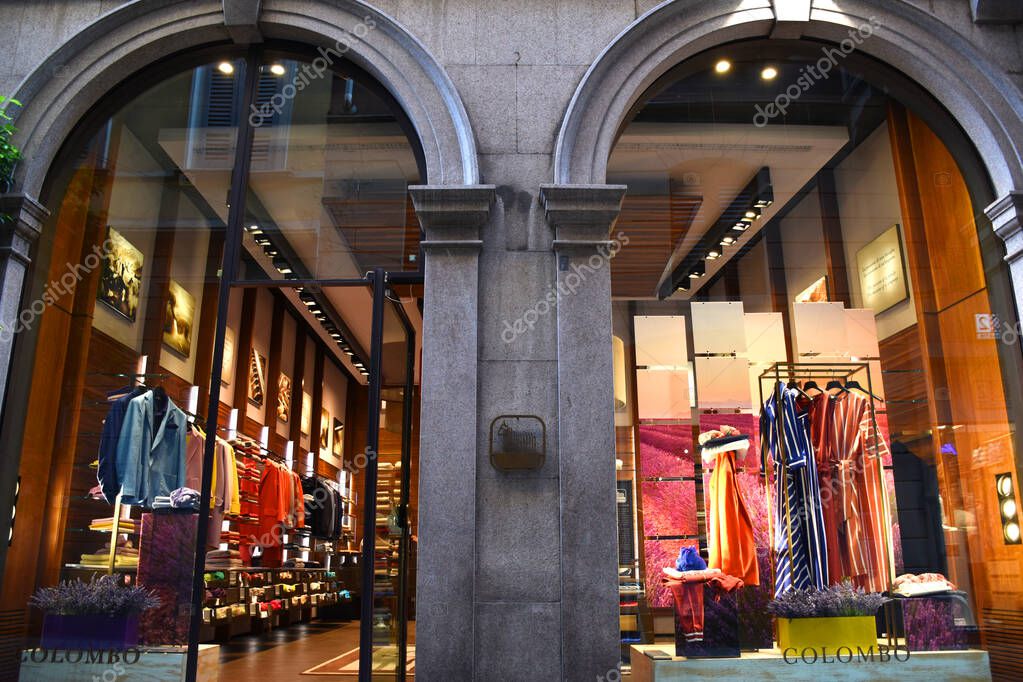 Milan, Italy  06.07.2019: Lanificio Luigi Colombo Luxury Shop storefront and entrance in Via della Spiga.
