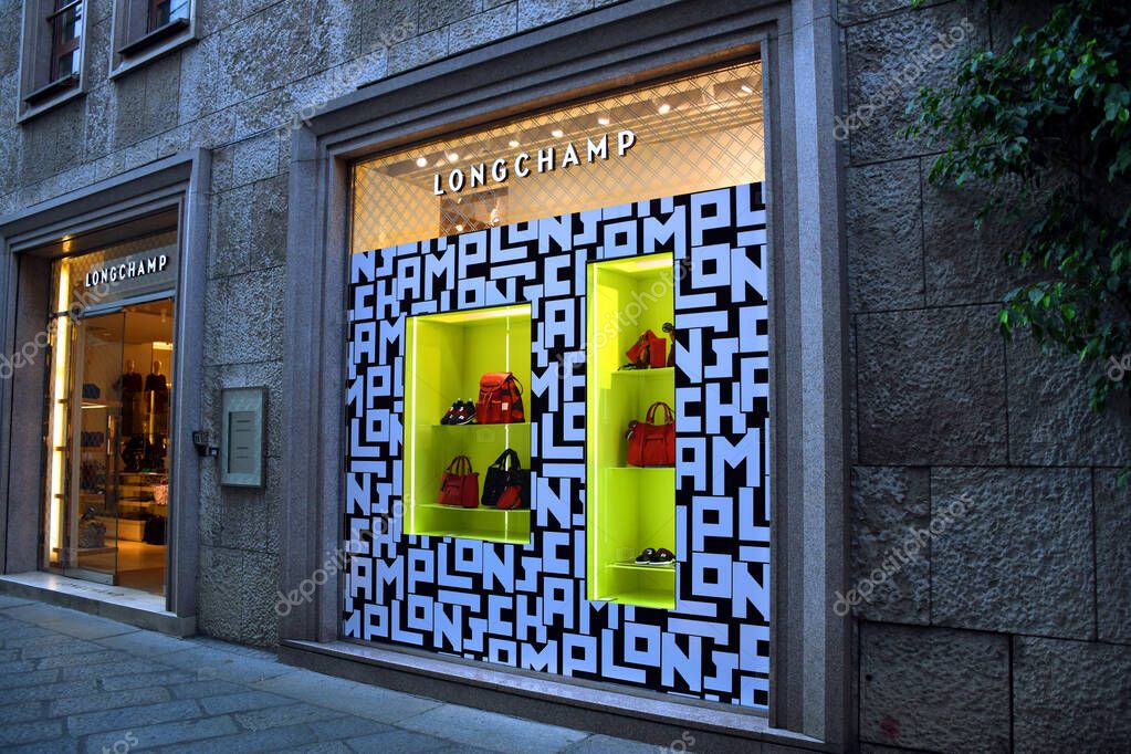 Milan, Italy  07.06.2019: Storefront and entrance of Longchamp Milan Spiga Store in Via della Spiga.