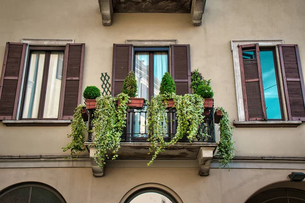 Milan, İtalya 05.12.2020: Üzerinde yeşil bitkiler bulunan eski bir İtalyan balkonu