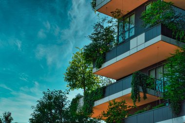 Milan, İtalya, 06.29.2020: Ağaçlarla dolu balkonlar, Dikey Orman 'daki bitkiler (Bosco Verticale) Boeri tarafından tasarlanan sürdürülebilir ekonomiye bağlılığı temsil eden yenilikçi Yeşil Ev Gökdeleni