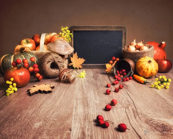 Autumn arrangement with apples, decorations and text space — Stock Photo, Image