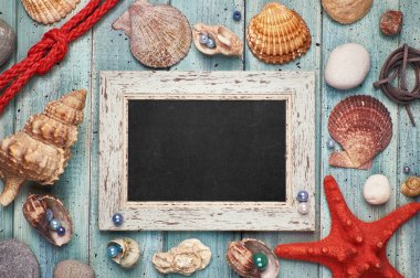 Deniz kabukları, taşlar, halat ve yıldız balık ile Boş kara tahta 