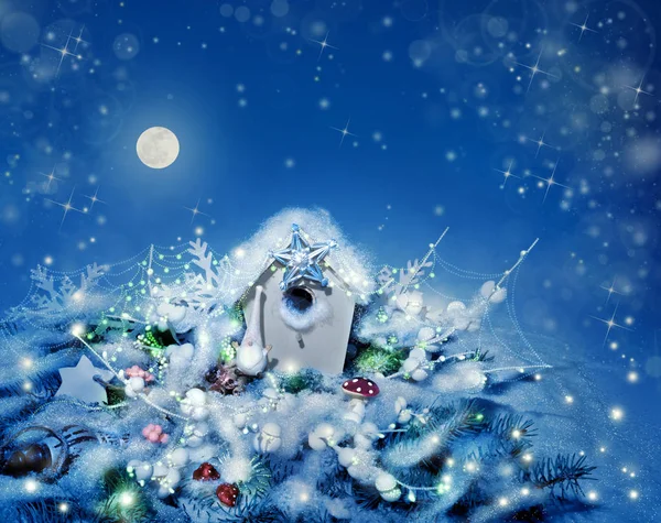 Kerst Huis Met Magische Lichtjes Fir Tree Decoraties — Stockfoto