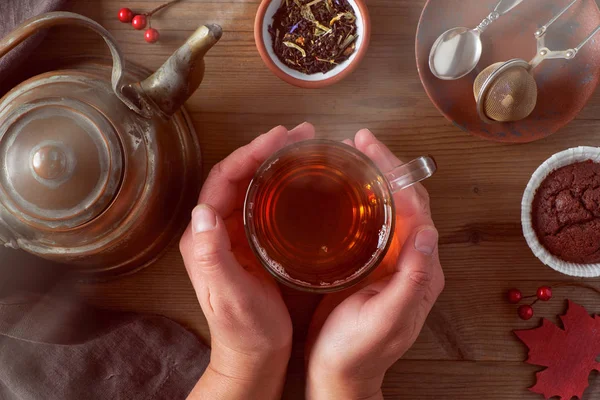 Gorąca herbata w kobiecych rękach — Zdjęcie stockowe