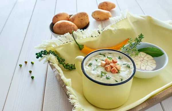 Homemade cream of potato soup with croutons and thyme with spice — Stock Image Homemade cream of potato soup with croutons and thyme with spice Stock Picture