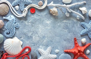 Deniz kabuklarından, taşlardan, ipten ve mavi teksteki yıldız balığından yapılmış çerçeve