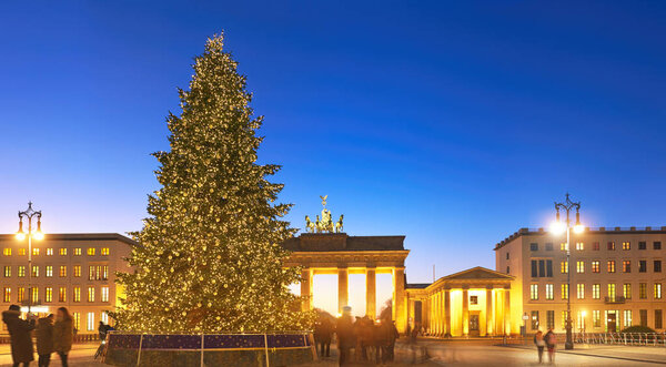 Panorama of Brandenburg Gate in Berlin with Christmas tree