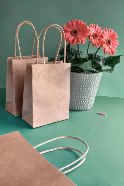 Korallen Gerbera Gänseblümchen Blumen und Handwerk papper Einkaufstaschen auf gr — Stockfoto