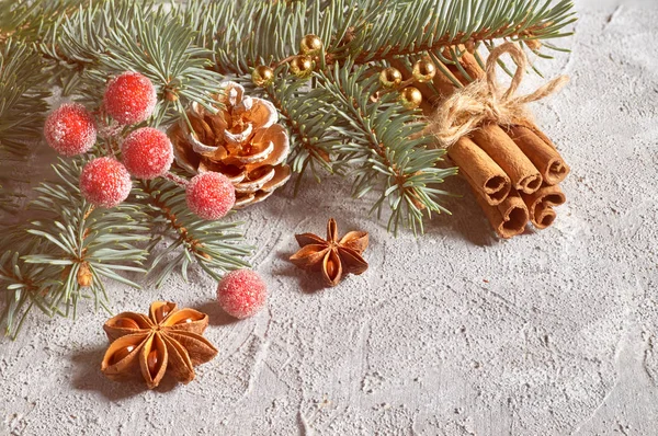 Jul stilleben med dekorerade gran kvistar och kryddor — Stockfoto