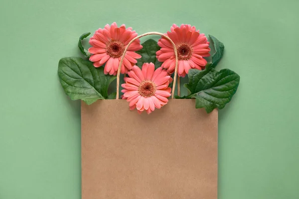 Koraal gerbera madeliefje bloemen in ambachtelijke papper boodschappentas op gree — Stockfoto