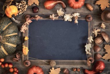 Metin alanı ve sonbahar dekorasyonlu karatahta