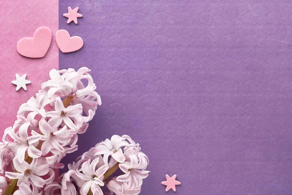 Pink pearl hyacinth flowers with decorative hearts on pink and p — Stock Photo, Image