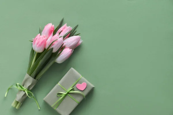 Springtime Blue Background Pink Tulips Hyacinth Wrapped Gift Boxes Decorative — Stock Photo, Image