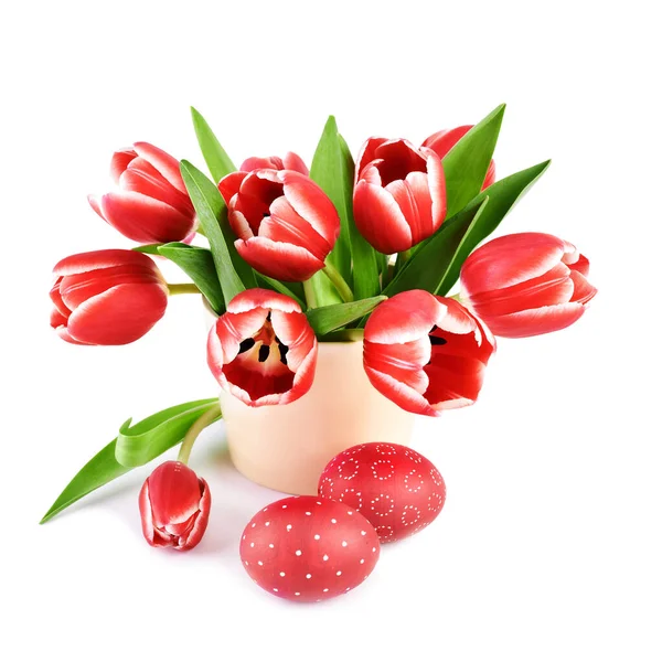 Bunch of red stripy tulips and two red colored Easter eggs — Stock Photo, Image