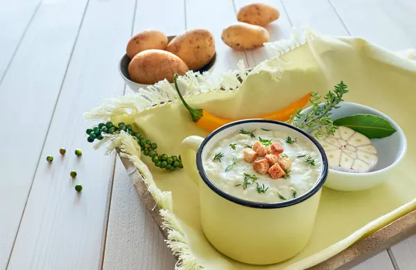 Homemade cream of potato soup with croutons and thyme with spice — Stock Image Homemade cream of potato soup with croutons and thyme with spice Royalty Free Stock Photos