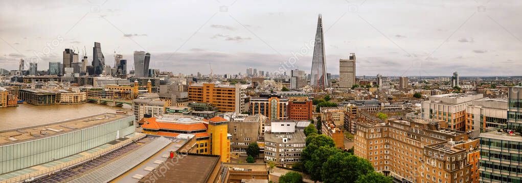 Aerial panorama of London riverside and City skyline