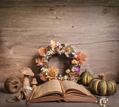 Eski bir açık kitap ve sonbahar dekorasyonları, metin alanı 