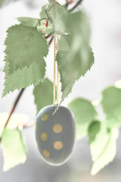 Primer plano en madera decorativa huevo de Pascua colgando de una rama w — Foto de Stock