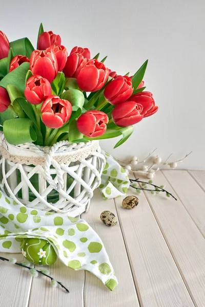 Spring celebration background: bunch of red tulips, spring decor — 스톡 사진