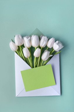 Açık yeşil nane arkaplanda dekoratif kalp çıkartması olan kağıt zarfın içindeki beyaz laleler. Fotokopi alanı olan bahar zamanı düzlüğü. 