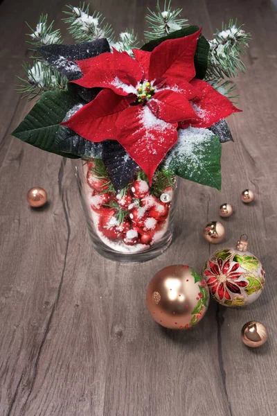 Poinsettia Golden Baubles Chrustmas Tree Wood Space Your Text — Stock Photo, Image