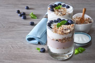 sağlıklı kahvaltı - yaban mersini ve müsli yoğurtla servis