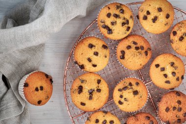 On iki taze pişmiş choco yonga muffins tel örgü üzerinde soğutma