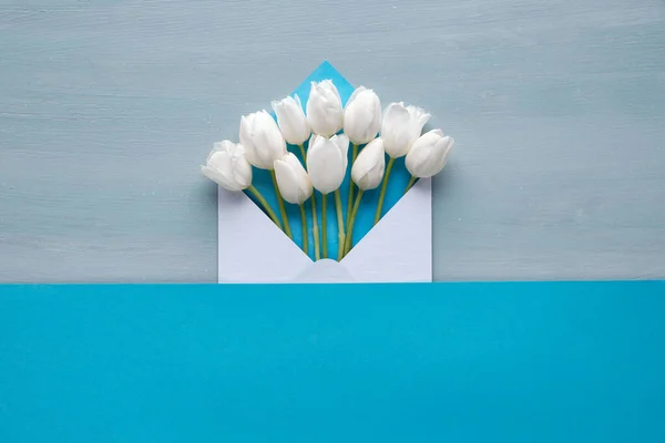 Puesta Plana Primavera Tulipanes Blancos Sobre Blanco Sobre Fondo Azul — Foto de Stock