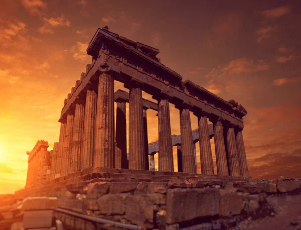 Templo Parthenon Por Sol Imagem Panorâmica Tonificada Acropolis Atenas Greece — Fotografia de Stock