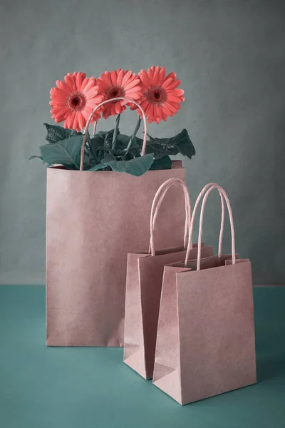 Korallen Gerbera Gänseblümchen Blumen und Handwerk papper Einkaufstaschen auf pa — Stockfoto