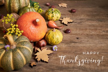 Çevre dostu sıfır atık dekor, doğal ve seramik balkabakları, yıllanmış ahşap üzerinde biber ve sonbahar çiçekleri, Mutlu Şükran Günleri mesajı. Geleneksel kırsal sonbahar dekoru, modern sıfır atık eğilimi.