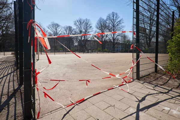 Empty Playground Kids Bound Children Parents Closed Striped Red White — Stock Photo, Image