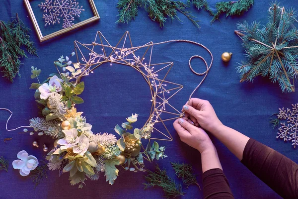 Making Decorative Christmas Wreath Classic Blue Linen Female Hands Make — Stock Photo, Image